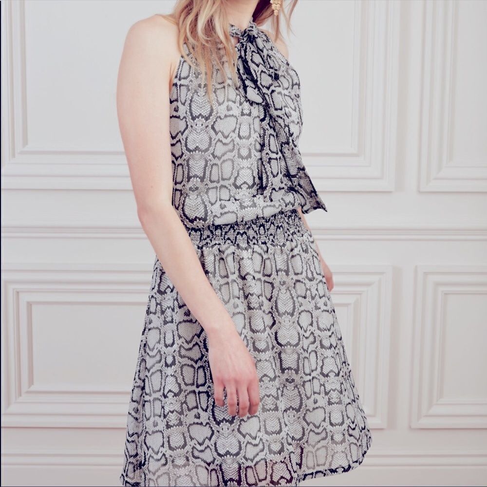 Stella & Dot Sheer Snake Print Chiffon Blouson Halter Dress In Grey & Black